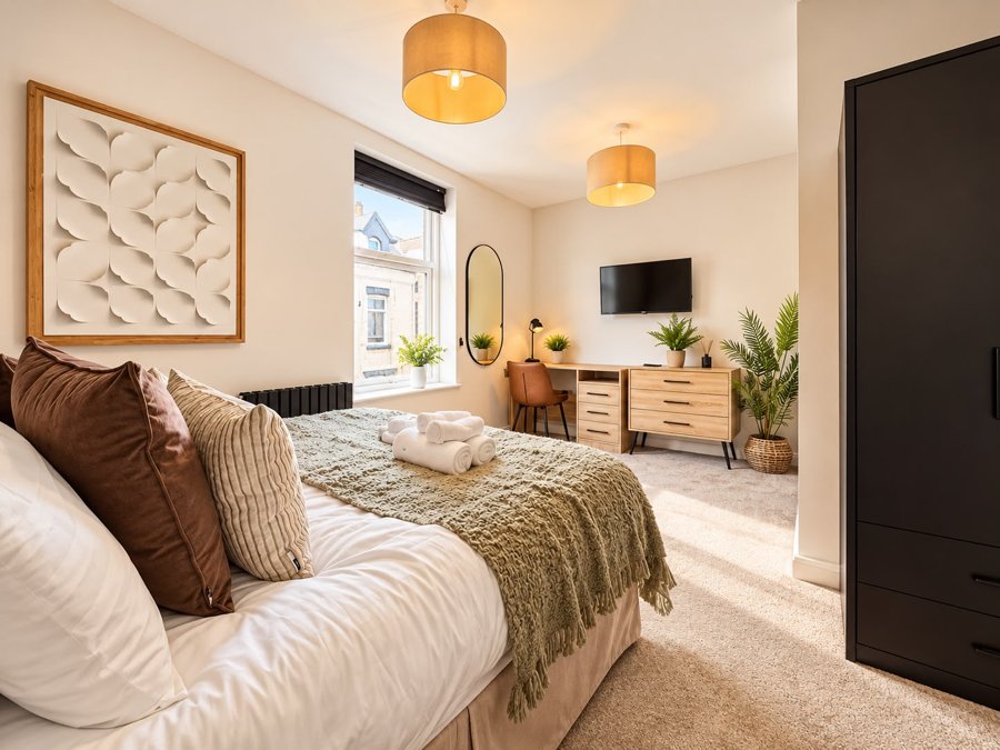 A furnished double bedroom at 9 Kilwick Street, Hartlepool, with a desk, wardrobe and framed feature art